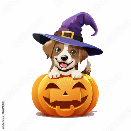 Hund mit Hexenhut auf Kürbis – Lustiger Halloween Stil
