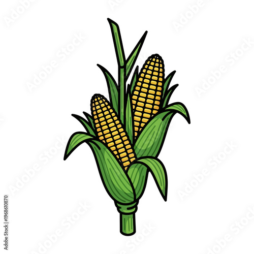 Vibrant yellow corn cobs with lush green leaves, symbolizing natural abundance and agricultural growth and sustenance