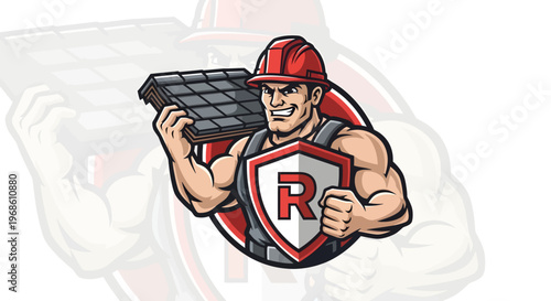 Strong construction worker holding roof tiles with shield logo.