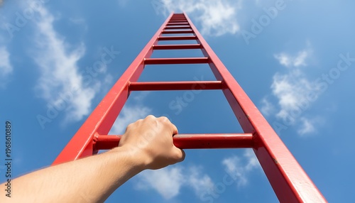 Hand reaching for a red ladder against a blue sky