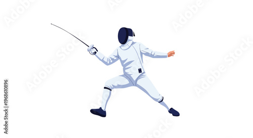 Fencer in action pose with foil sword isolated on white background