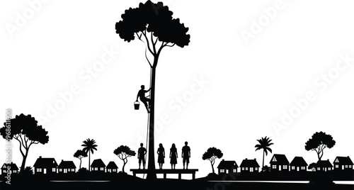 Traditional rural village community lifestyle silhouette with a man climbing a tall tree to collect sap or honey with bucket.