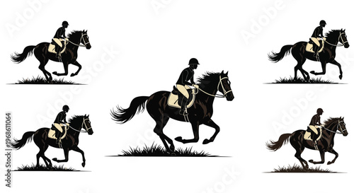 Elegant equestrian scenes depict riders on horseback in various poses a striking black silhouette high quality professional detailed modern elegant stylish