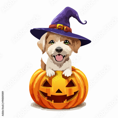 Hund mit Hexenhut auf Kürbis – Lustiger Halloween Stil