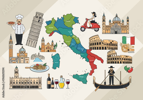 Italy Travel and Culture Icons: Map with Famous Landmarks, Colosseum, Leaning Tower of Pisa, Venice Gondola, and Traditional Italian Food Illustration