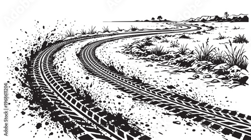 Tire tracks splashing through mud on a dirt road with sparse ink engraving line black png