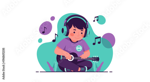 Young boy playing guitar with headphones on.