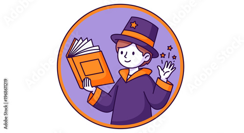Young magician boy reading a magic book with stars.