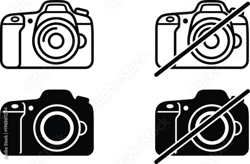 A set of four camera icons in line art design, including vector silhouette illustrations of a camera with and without a slash through it, in both black and white.