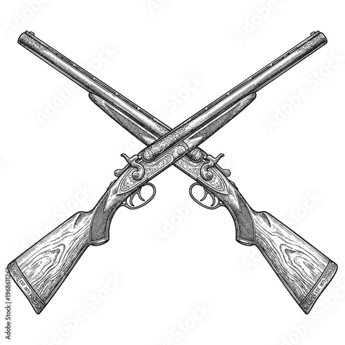 Two antique double barrel shotguns crossed with ornate engraving and ink line black png