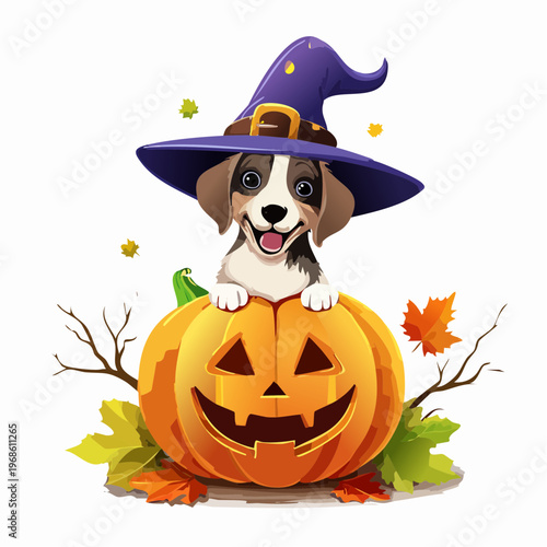 Hund mit Hexenhut auf Kürbis – Lustiger Halloween Stil