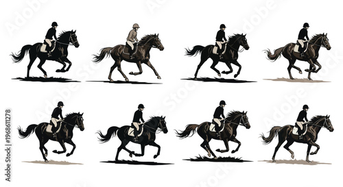 A collection of equestrian figures on horseback depicted in various poses presented as a striking silhouette high quality professional detailed modern