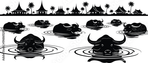Traditional water buffalo herd swimming in river silhouette, Southeast Asian village landscape with palm trees and stilt houses under tropical horizon