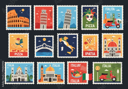 Vintage Style Italy Travel Postage Stamps Collection Featuring Landmarks and Culture Icons