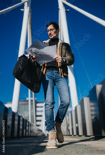 Photos Young man reads a map while walking across a modern pedestrian bridge carrying a black briefcase