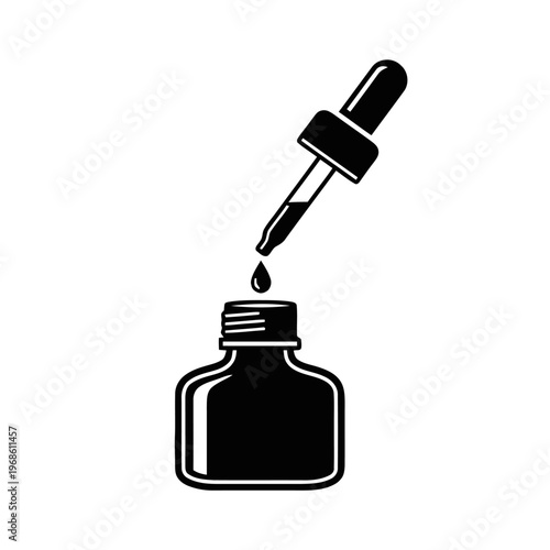 Dropper releasing a drop of liquid into a bottle, symbolizing science or experimentation.