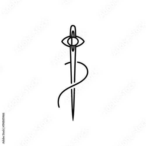 A minimalist line art illustration features a sewing needle with thread looped through its eye, suggesting tailoring and mending.
