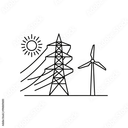 Electric Power Transmission Tower and Wind Turbine Scene.