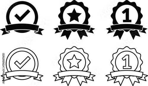 A set of six vector line art design elements including checkmarks, stars, and numbers in black and white silhouette concept