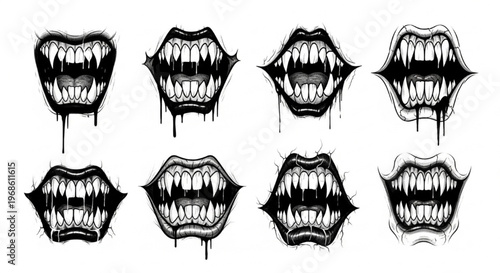 Urban Graffiti Monster Mouths and Jaws Vector Illustration Sheet in Black Ink Grunge Punk Street Art Style