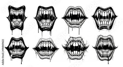 Urban Graffiti Monster Mouths and Jaws Vector Illustration Sheet in Black Ink Grunge Punk Street Art Style
