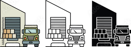 Delivery truck loading silhouette & Outline and illustration set isolated on transparent background