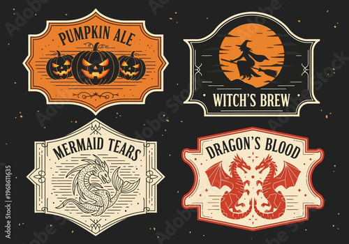 Vintage Halloween Apothecary Potion Labels Vector Set - Pumpkin Ale, Witch's Brew, Mermaid Tears, and Dragon's Blood Illustration for Spooky Decorations and Branding
