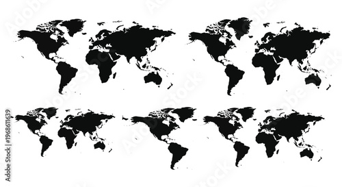 Multiple world map shapes are displayed in a striking black silhouette presenting a unique geographical representation high quality professional detailed modern