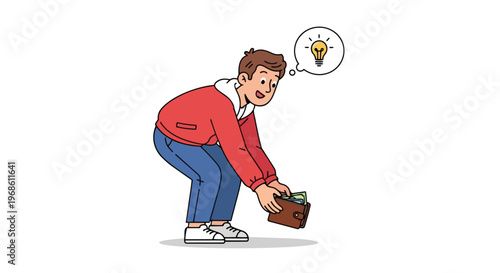 Young man finding a wallet on the ground with a bright idea concept