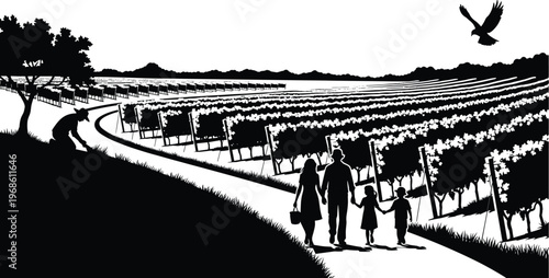 Vineyard landscape silhouette with workers harvesting grapes, rural farm scene featuring rows of grapevines, agricultural field under bright sky with flying bird