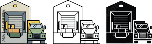 Delivery truck loading silhouette & Outline and illustration set isolated on transparent background