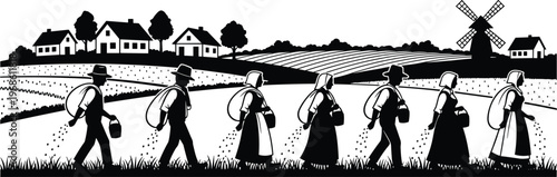 Vintage rural landscape silhouette with farmers sowing seeds in field, traditional village houses, windmill, and countryside scenery under a clear white background