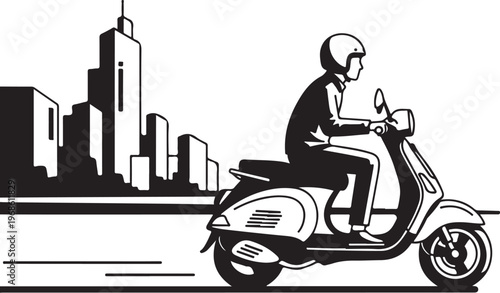 Black and white city scooter rider, urban transportation illustration, monochrome vector graphic, cityscape background