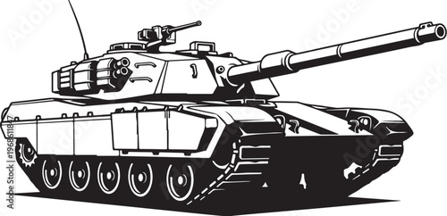 Military tank, black and white illustration, armored vehicle, combat machine