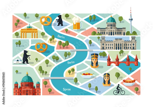 Berlin City Map Illustration with Famous Landmarks, River Spree, and Cultural Icons
