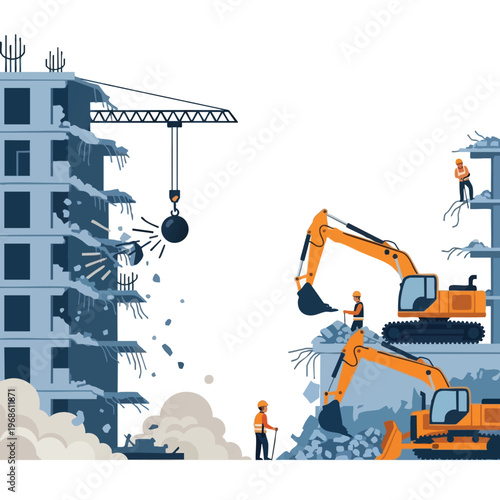 Construction site demolition with excavators and wrecking ball