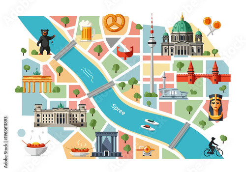 Illustrated Map of Berlin with Famous Landmarks, German Culture Icons, and Spree River. Flat Vector Travel Infographic.
