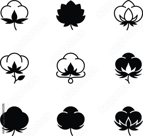Set of Organic Cotton Flower Icons, Natural Fiber Symbols for Textile Industry, Clothing Labels, and Eco Friendly Bio Material Branding