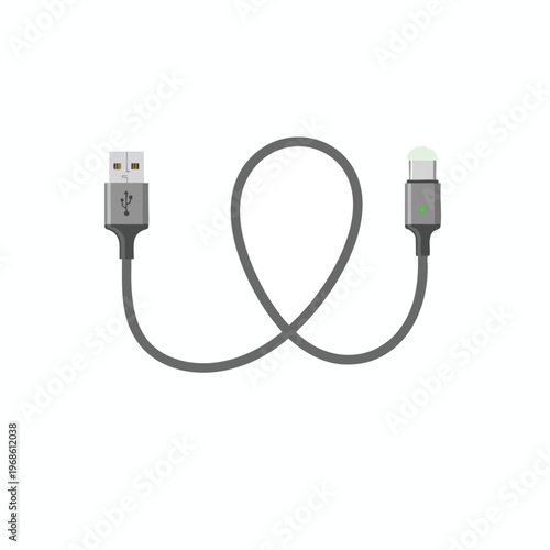 A USB-A to USB-C cable with a green indicator light on the USB-C end