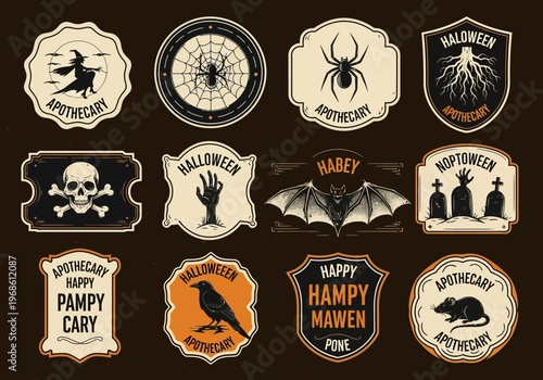 Vintage Halloween Apothecary Label Collection - Spooky Retro Badges with Witch, Skull, and Bat Icons