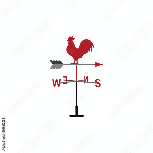 A red rooster weathervane on a pole with cardinal direction markers