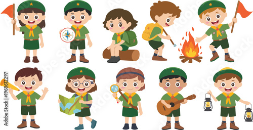 Cute scout kids cartoon set with boys and girls in uniform camping building campfire outdoor adventure summer camp vector illustration