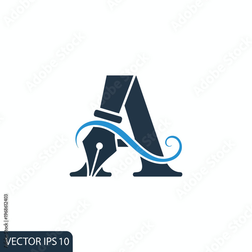 A stylized dark blue letter A integrated with a pen nib and blue flourish
