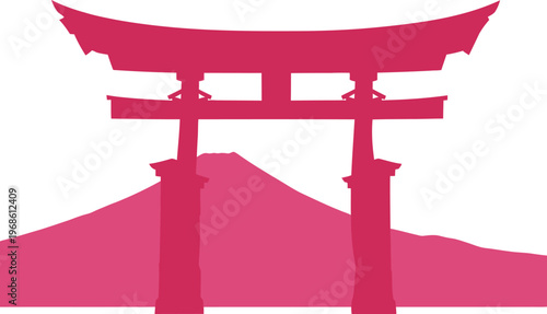Japanese Torii Gate Silhouette with Mount Fuji Background.