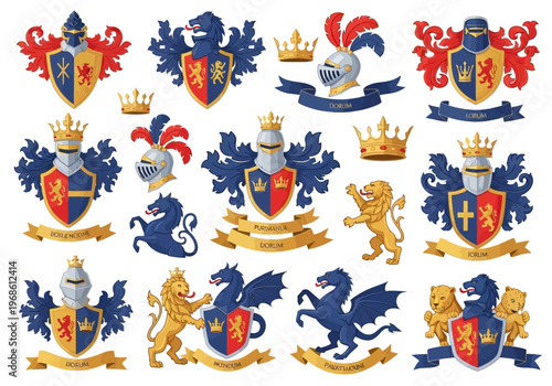 Medieval Heraldic Crests and Royal Emblems Set with Knight Helmets, Shields, Golden Lions, and Dragons for Family Coat of Arms Design