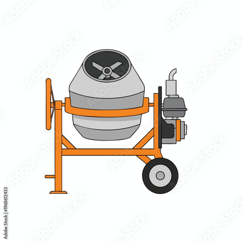 Portable concrete mixer with an engine, wheel, and a crank on a white background