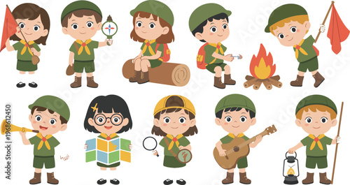 Cute scout kids cartoon set with boys and girls in uniform camping building campfire outdoor adventure summer camp vector illustration