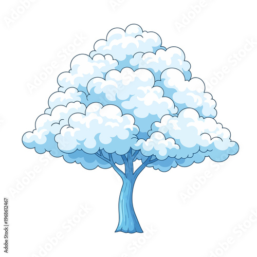 A stylized, whimsical illustration of a tree with a canopy made of fluffy, white clouds against a stark white background