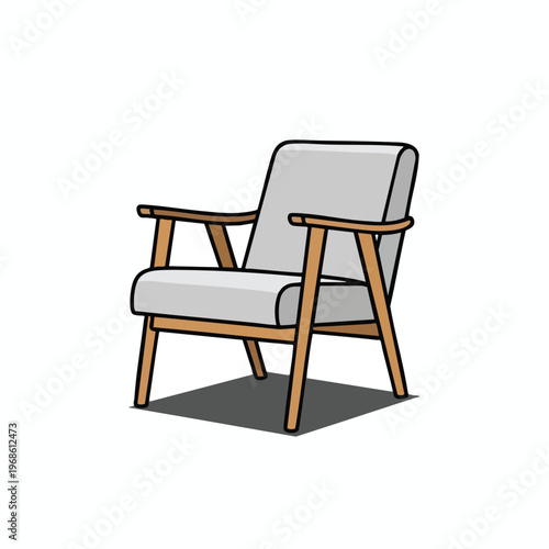 Simple illustration of a grey upholstered armchair with wooden legs and arms