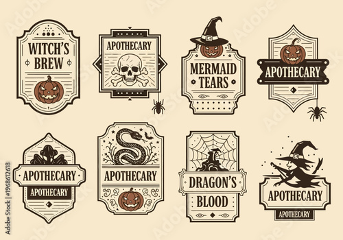 Vintage Halloween Apothecary Labels Set - Spooky Potion Bottle Tags with Witch's Brew, Mermaid Tears, Dragon's Blood, Skull, and Pumpkin Designs for Crafting and Decor